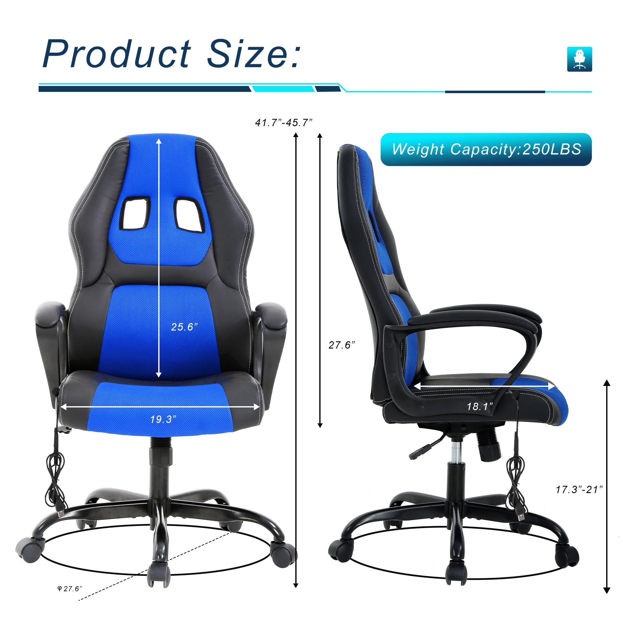 YRLLENSDAN Massage Gaming Chair Video Game for Adults, PU Leather Computer Chair with Arms & Massaging Back Ergonomic High-Back Video Game Chair for Men Women, Blue