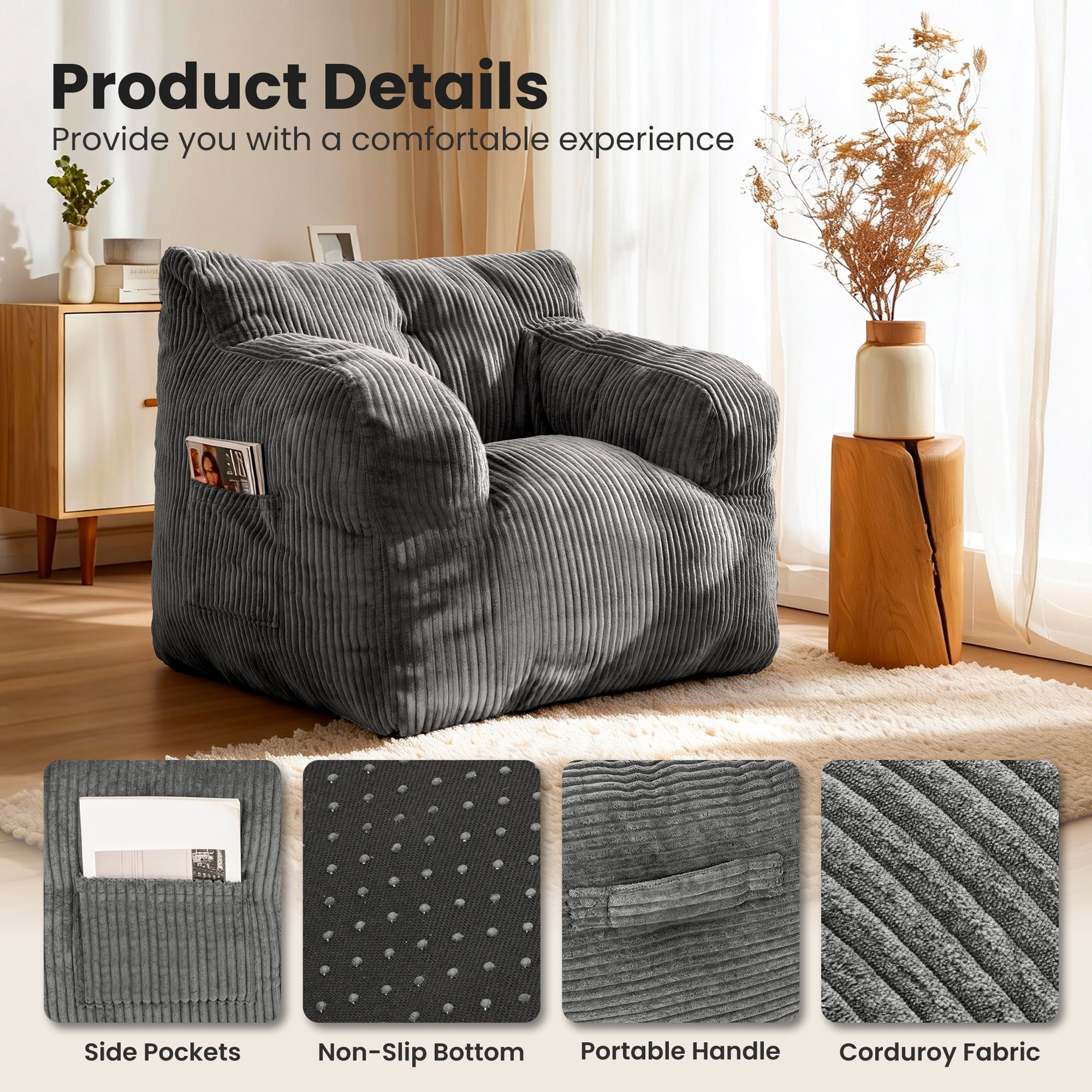 PamapicLife Bean Bag Chair Home Adult Solid Solo Color Regular Foam Filled and Corduroy Indoor and Contemporary Style Bean Bag Chair with Manual, Gray