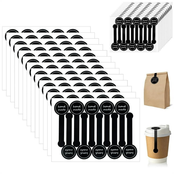 Scheam 40 Sheets (400 Pcs) Baking Label Handmade Food Stickers Black Self-Adhesive Tamper-Proof Sticker Long Strip Packaging Labels for Candy Bread Pastry Bags (Style A)