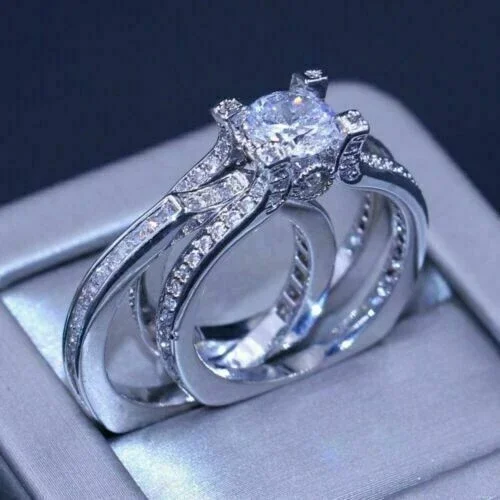 Aishvi Jewels 2Ct Round Cut Lab Created Diamond Solitaire Bridal Set Engagement Ring 14k White Gold Plated