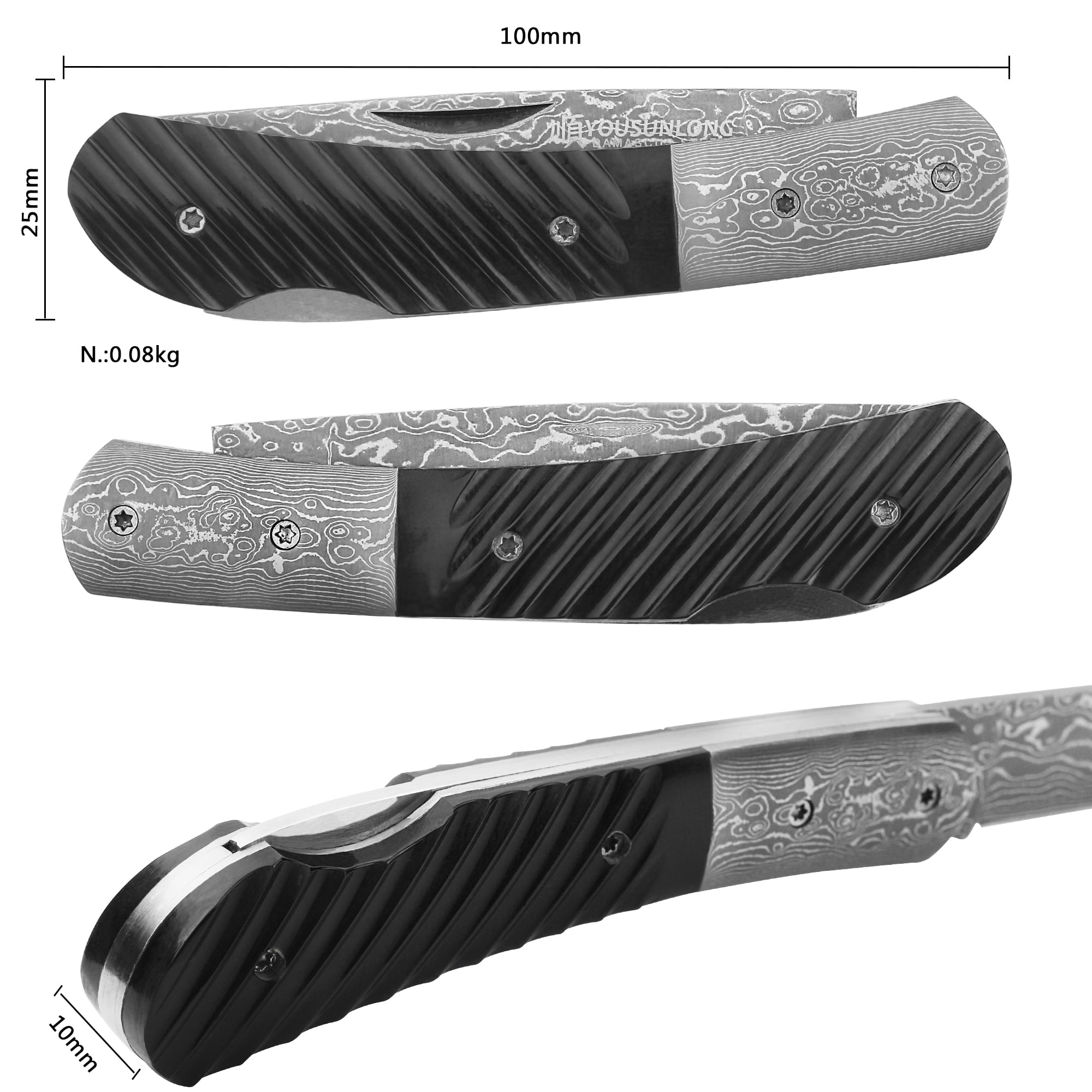YOUSUNLONG Folding Knife - Camping Knife Overall 175mm Japanese Damascus Steel Buffalo Horn Handle