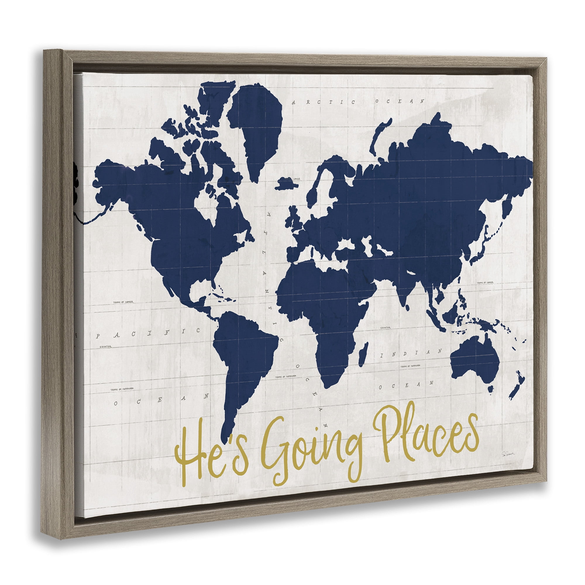 Stupell Industries Going Places Boy's Map Town & City Painting Brown Floater Framed Canvas Art Print Wall Art, 21 x 17
