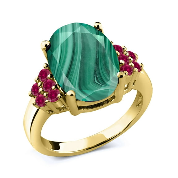 Gem Stone King 6.50 Ct Oval Green Malachite Red Created Ruby 18K Yellow Gold Plated Silver Ring (Size 9)