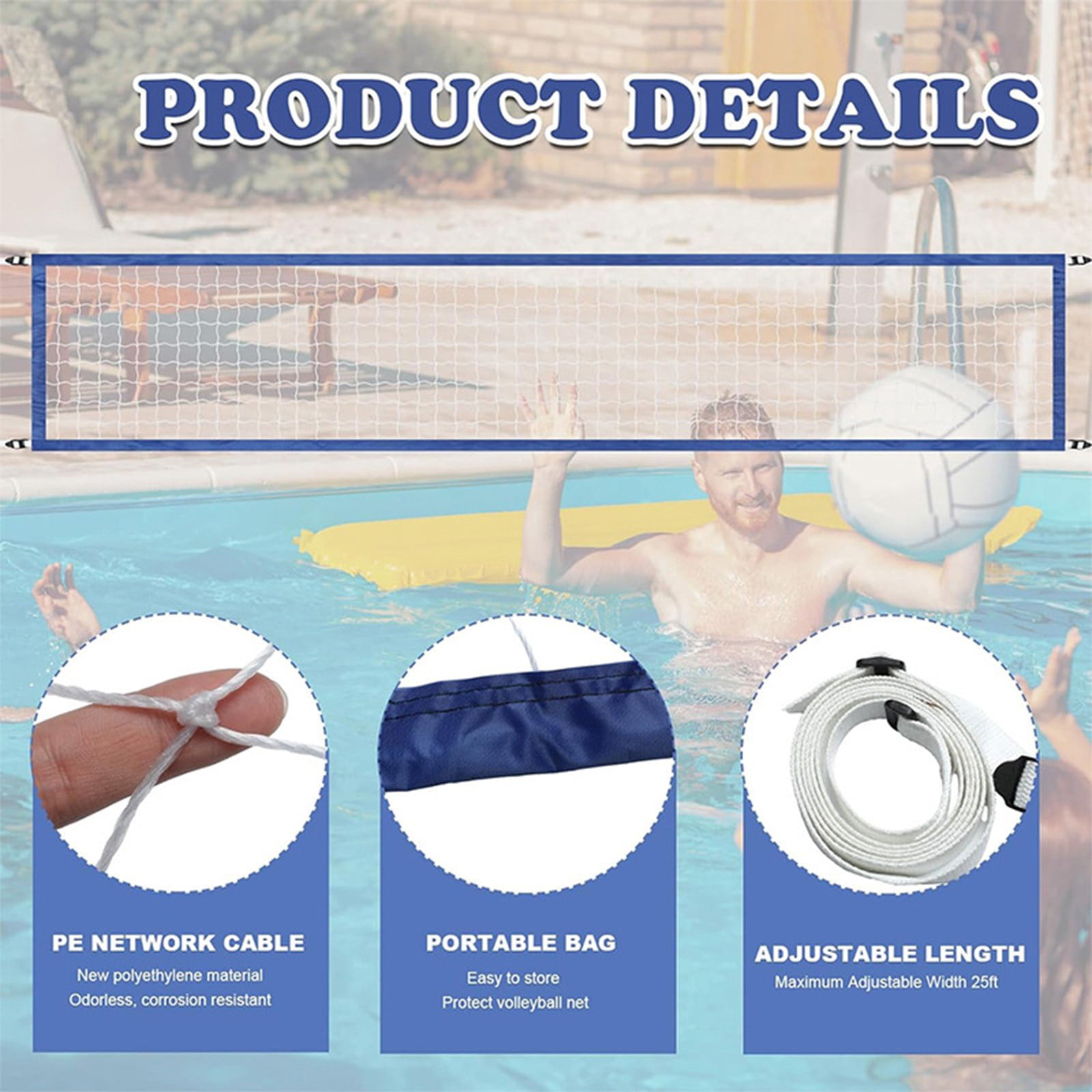 Pool Volleyball Net Set Portable Water Volleyball Kit, Adjustable Net for Pool Beach Outdoor Game Activity Equipment