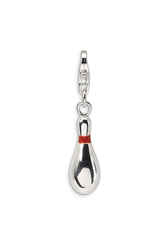 925 Sterling Silver RH Enameled Bowling Pin With Lobster Clasp Charm Pendant; for Adults and Teens; for Women and Men