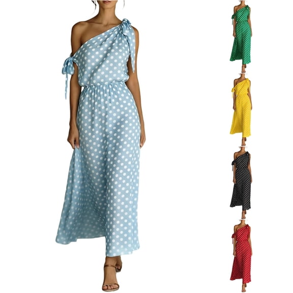 ZHOGXU Womens Summer Dresses Sleeveless One Shoulder Polka Dot Print Comfortable Elegant Dress For Casual And Formal Occasions,Blue,Xl
