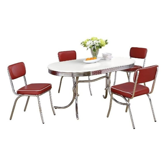 Loy 5pc Dining Table and Chair Set- Red Faux Leather- Retro White Oval