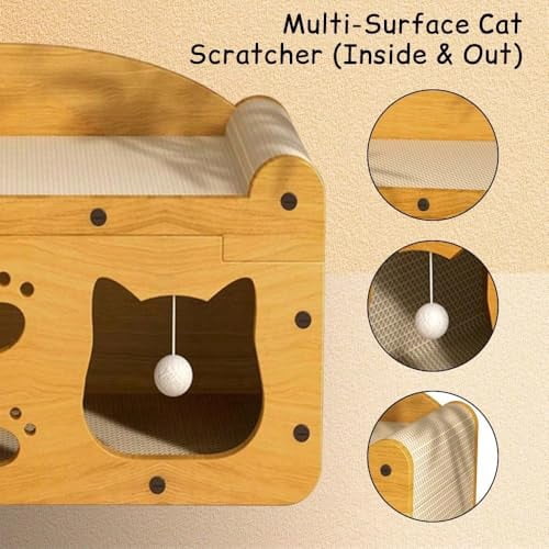 Cat Scratcher House, 2 in 1 Cat Bed and Cave with Hanging Ball Toys, Wooden Scratching Board for Kittens and Adult Cats
