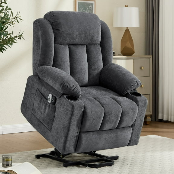 Ketaiyou Power Lift Recliner Chair for Elderly with Massage and Heat, Comfortable, Cup Holders, Fabric (Grey)