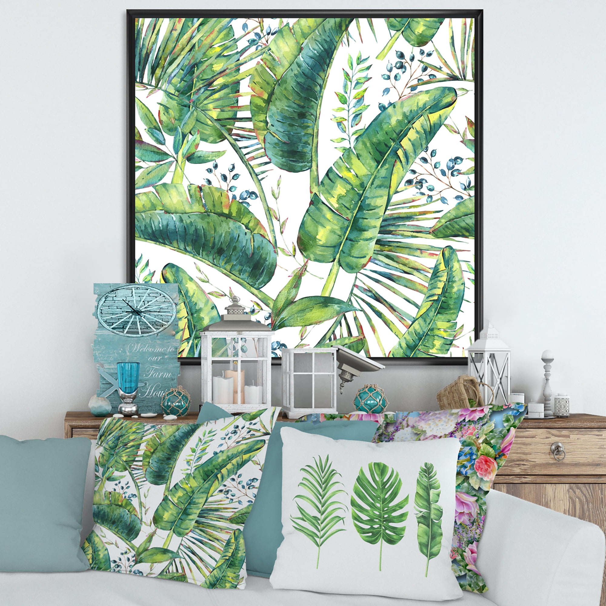 Designart 'Ancient Pattern Of Banana Leaves' Lake House Framed Canvas Wall Art Print