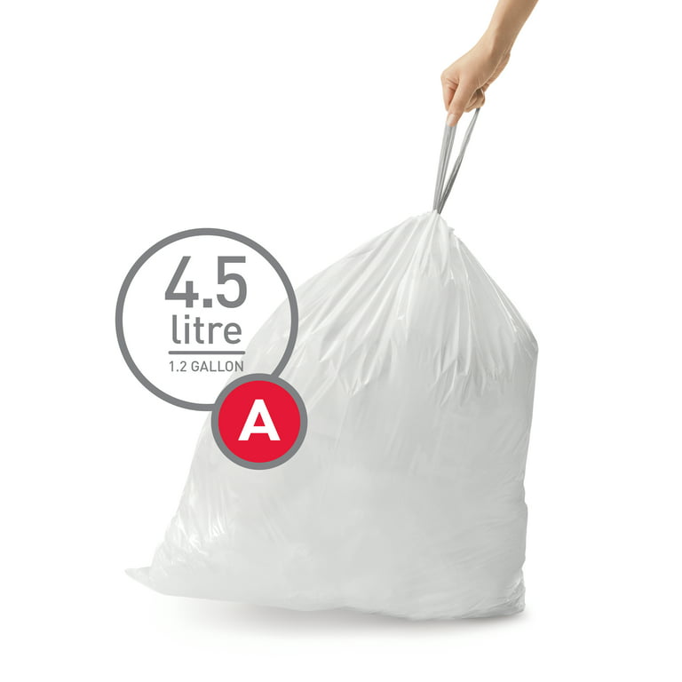  simplehuman Code A Custom Fit Drawstring Trash Bags, 4.5 Liter  / 1.2 Gallon, White, 90 Count & Code R Custom Fit Drawstring Trash Bags, 10  Liter / 2.6 Gallon, White, 60 Count : Health & Household