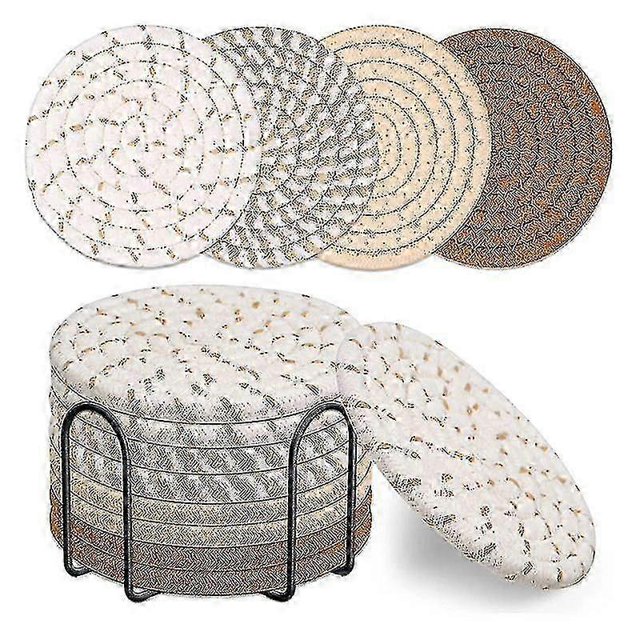 8 Pcs Drink Coasters With Holder, 4 Colors Absorbent Coasters For Drinks, Cotton Woven Coaster Set