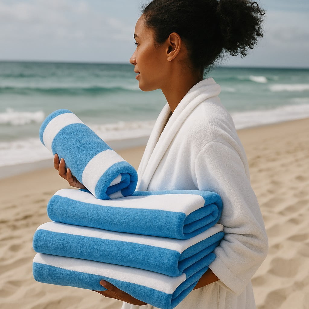 BY LORA Terry Cotton Cabana Towels, Aqua,White Color, Set of 4