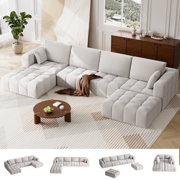 146" Modular Sectional Sofa Oversized U-Shaped Cloud Couch for Living Room, No Assembly, White
