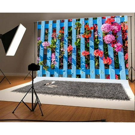 Image of HelloDecor 7x5ft Backdrop Photography Background Rural Blue Wooden Fence Bright Geranium Blooming Pink Flowers Scene Children Baby Kids Lover Portraits Backdrop Photo Studio Props