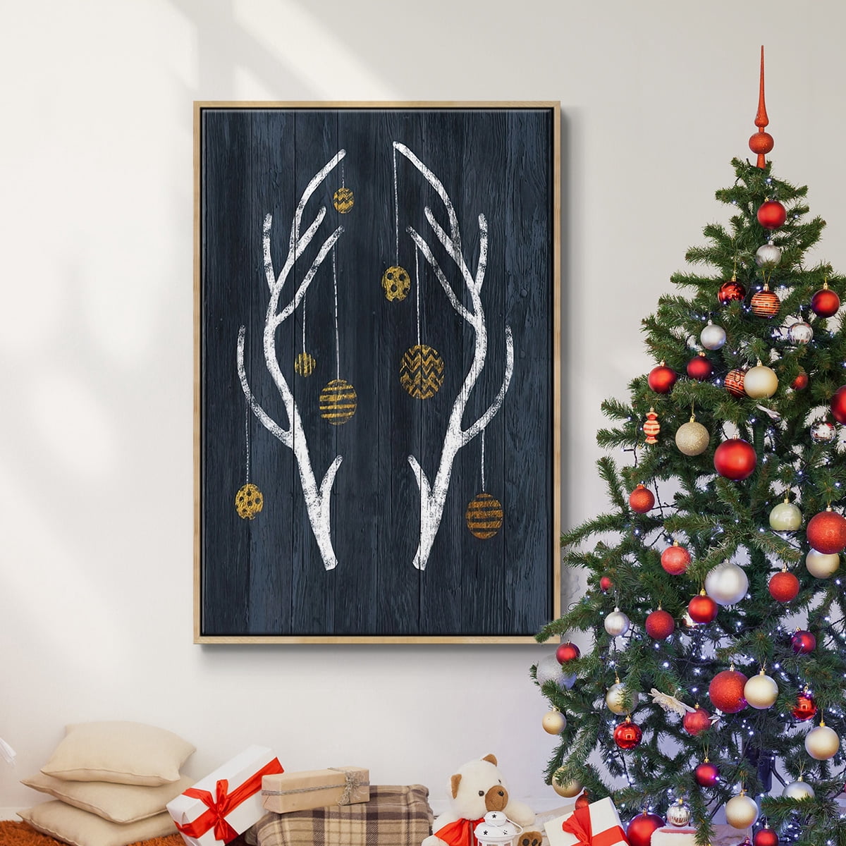 Antlers & Ornaments - Framed Gallery Wrapped Holiday Canvas - 17 x 25 - Natural Wood Frame