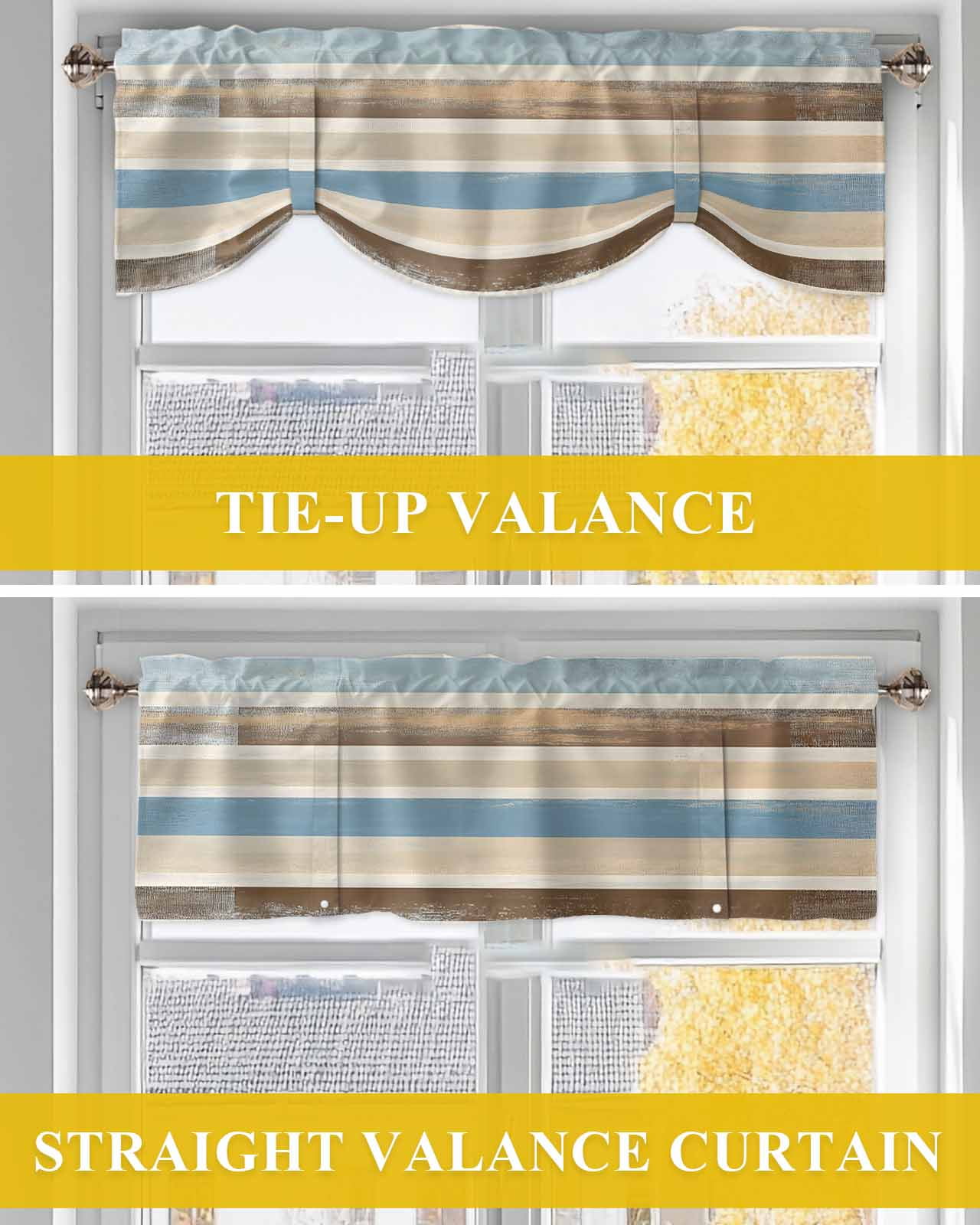 Abstract Gradient Stripe Tie Up Valances Curtain, Brown Blue Watercolor Kitchen Valances for Windows Decor, Rod Pocket Short Curtains Set for Bedroom/Bathroom, 60"x18"