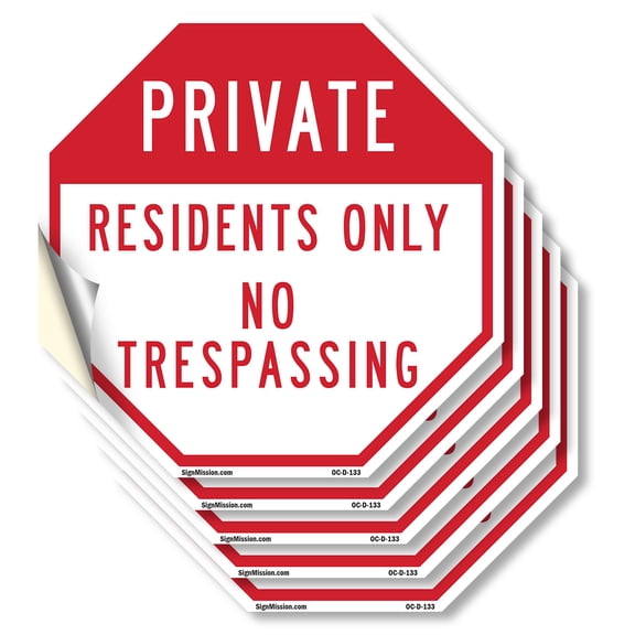 Private Residents Only No Trespassing (5 Pack) 4 inch X 4 inch Octagon Vinyl Label Decal Sticker Weather Resistant, UV Protected for Workplace, Private Property, and Construction Site,