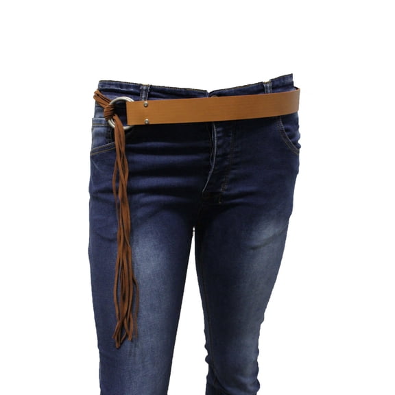 Women Belt Fashion Brown Stripes Faux Leather Silver Metal Ring Buckle Fun S M L