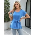 thumbnail image 6 of IWEMEK Womens Blouse Round Neck Fancy Pleated Blouses Casual Dressy Roll Short Sleeve Tops Loose Fitting Blue Pullover, 6 of 6