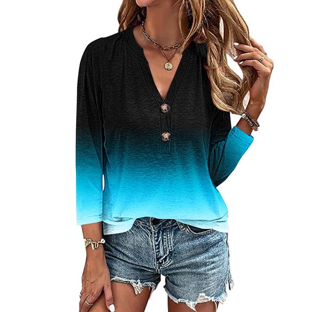 AOOCHASLIY Ladies' Clothes Clearances Womens 3/4 Sleeve V Neck Buttons Tee Gradient Color Blouse Loose Fit Tshirts Fall Tunic