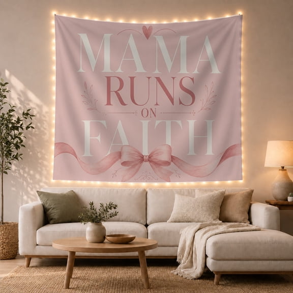 Mama Runs On Faith Typography on a Soft Pink Background, Nostalgic Farmhouse Style for Mom Lovers, Inspirational Wall Decor, Mother's Day Gift, Tapestry Wall Hanging for Bedroom and Dorm