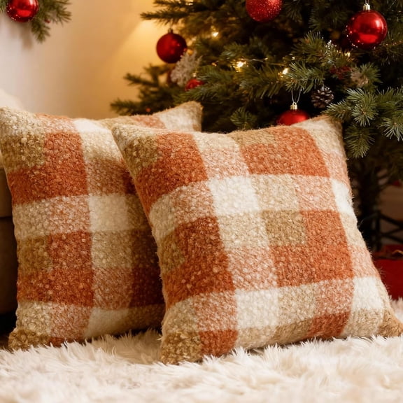 Orange Plaid Throw Pillow Covers Set of 2, 18x18 Inch Checkerboard Square Pillowcases, Cozy Fluffy Decorative Covers for Sofa Couch Living Room Bed