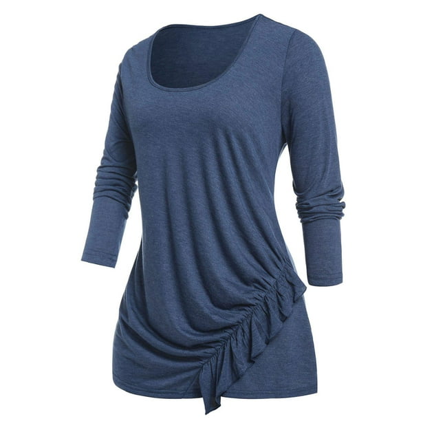 Camiseta Asimétrica Volantes Tamaño Plus Rosegal Mangas largas de talla grande