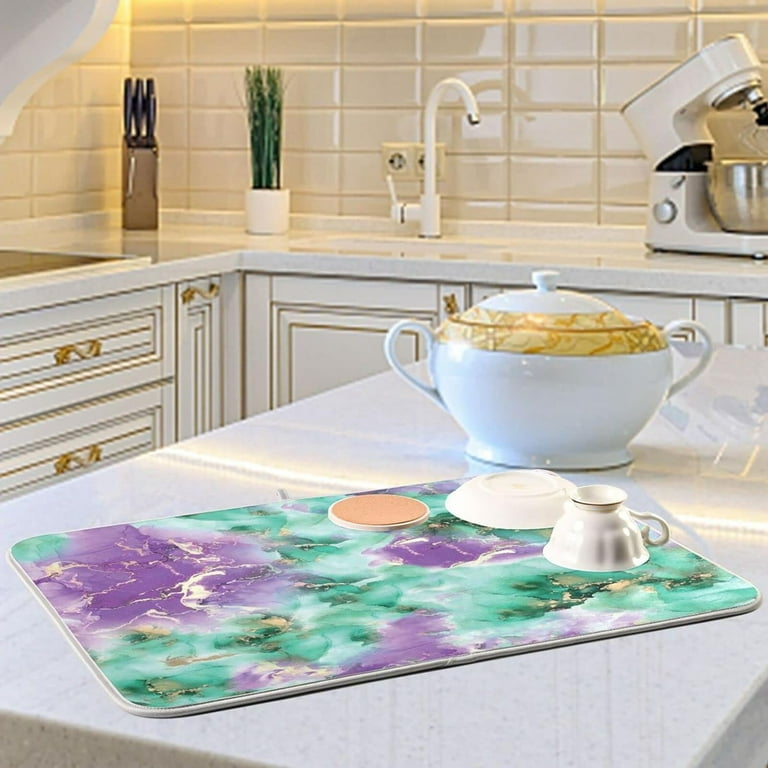 Coolnut Watercolor Floral Marble Dish Drying Mat for Kitchen 16 x 18 Inch Microfiber Absorbent Dish Drying Pad Machine Washable Kitchen Counter