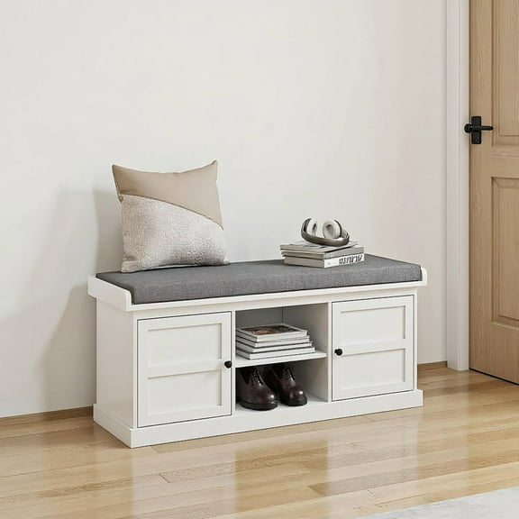 Resenkos Shoe Storage Bench - Cushioned Seat, 2 Cabinets & Adjustable Shelf, for Hallway/Entryway, White