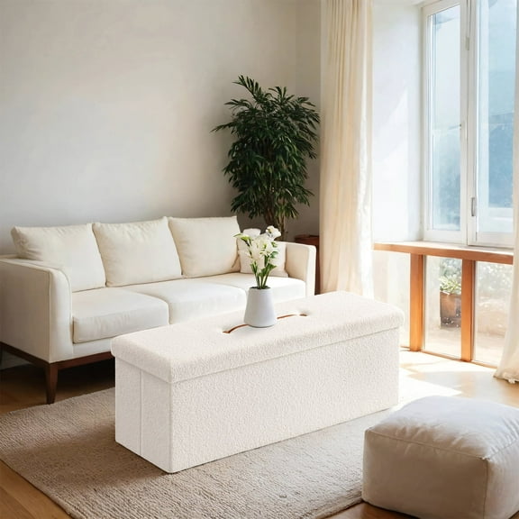 LEDREM Storage Ottoman Bench - 660lb Capacity, 35-Gallon Storage, Foldable Design, Multi-Functional Footrest/Seat, Cream White