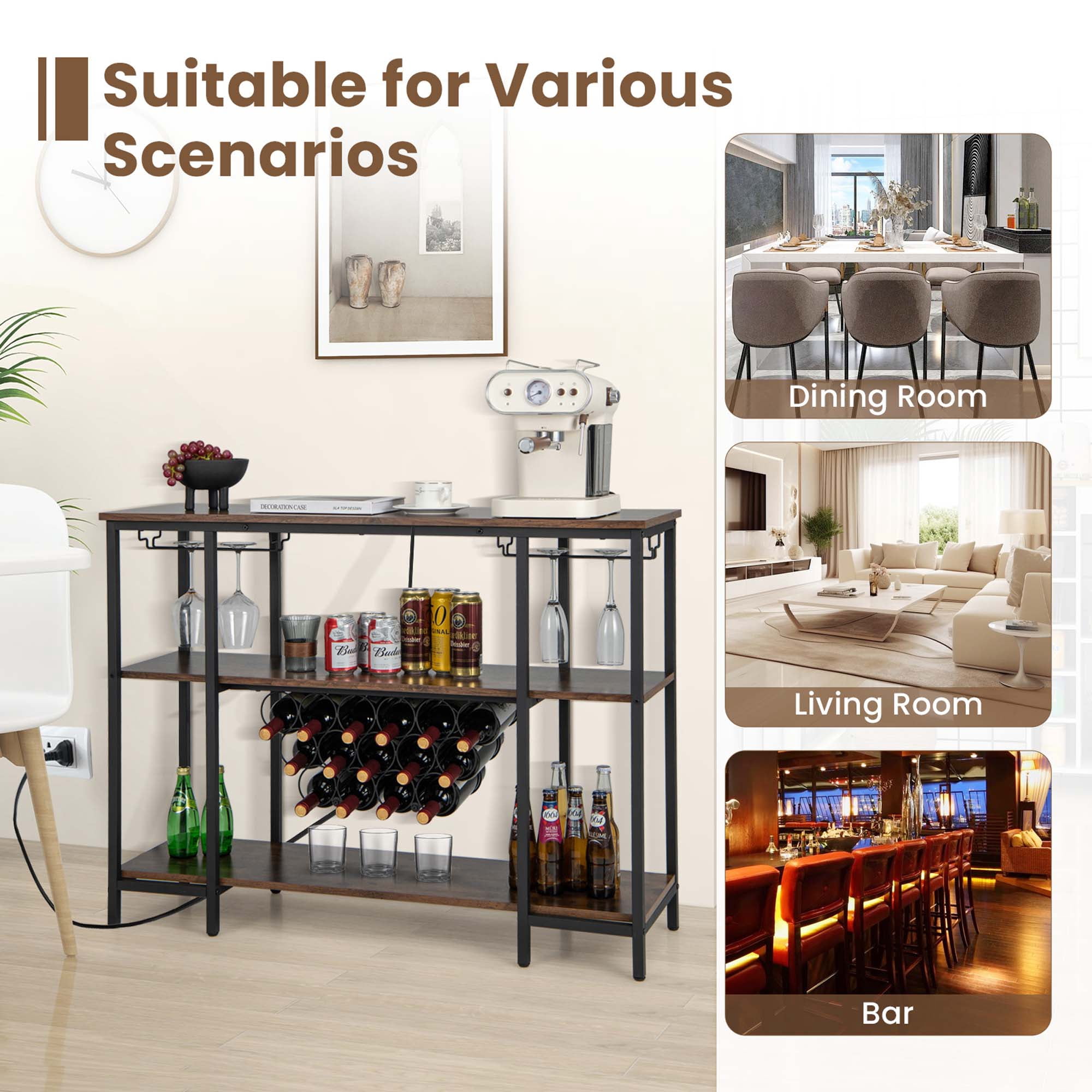 Costway  Cabinet Bar Table  Rack Table for Drinks Glasses with Power Outlets Brown