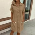 thumbnail image 2 of Women Summer Dresses with Pockets Short Sleeve Turndown Neck Casual Midi Shift Dresses Beach Sundresses Khaki L, 2 of 7