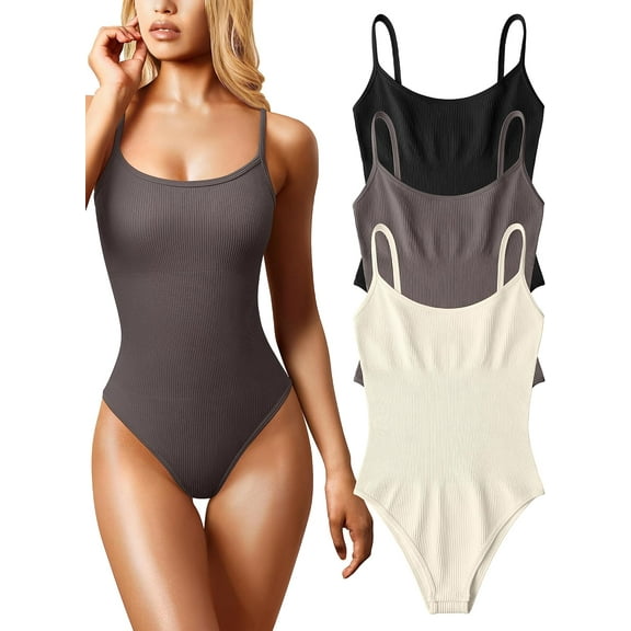 Women's 3 Piece Bodysuits Sexy Ribbed Sleeveless Adjustable Spaghetti Strip Tops Shapewear Bodysuits
