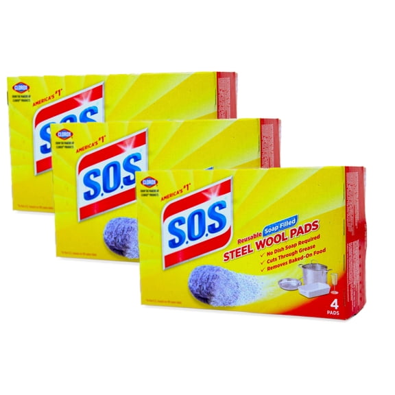SOS Steel Wool Soap Pads Heavy Duty Reusable Soap Filled Cleaning Pads 4 Count (Pack of 3)