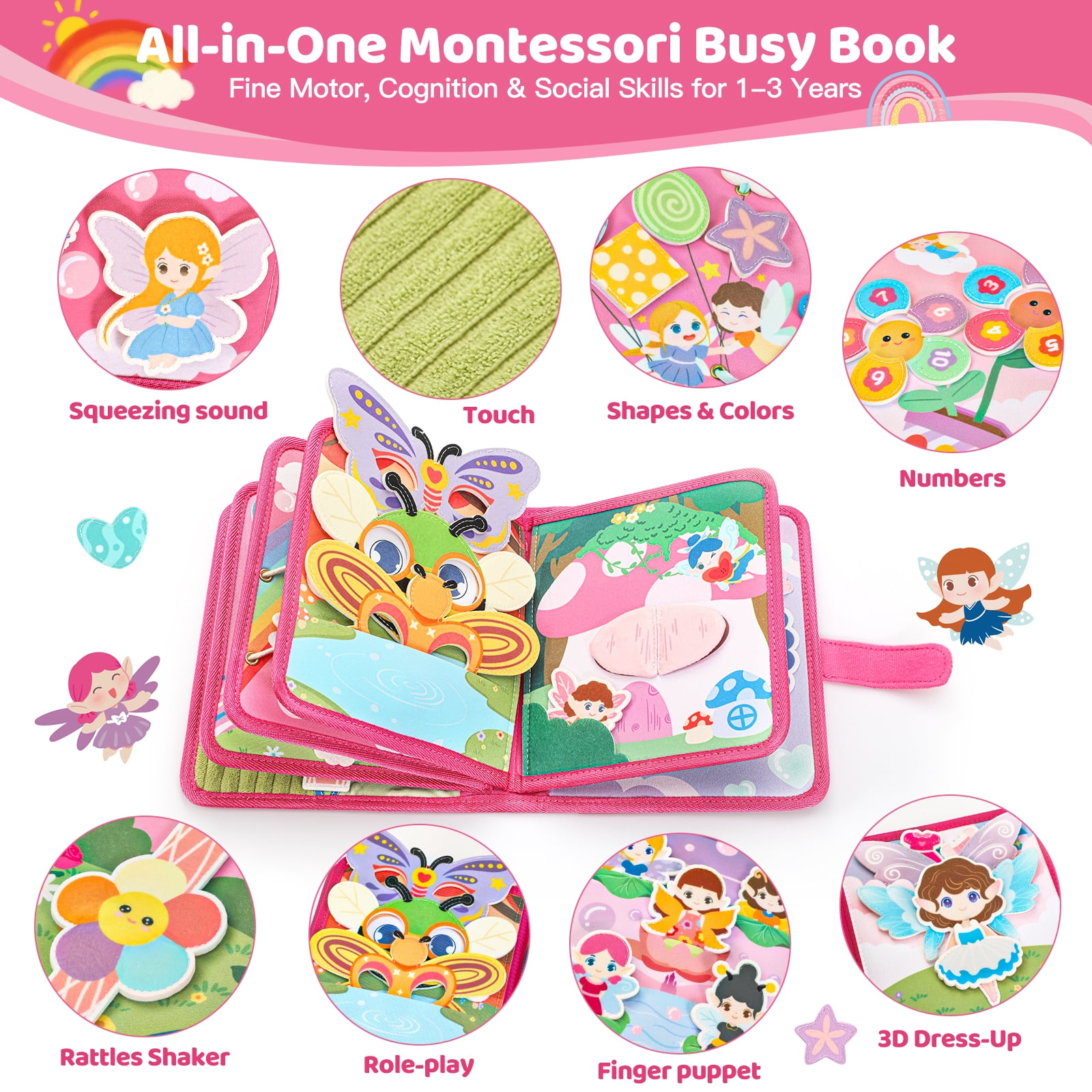 22 in 1 Busy Book for Toddlers ages 1-3-Sprite Montessori Toy Busy Board for 1 Year Old with Fishing Game, Educational Sensory Quiet Toy, Airplane Car Travel Essentials