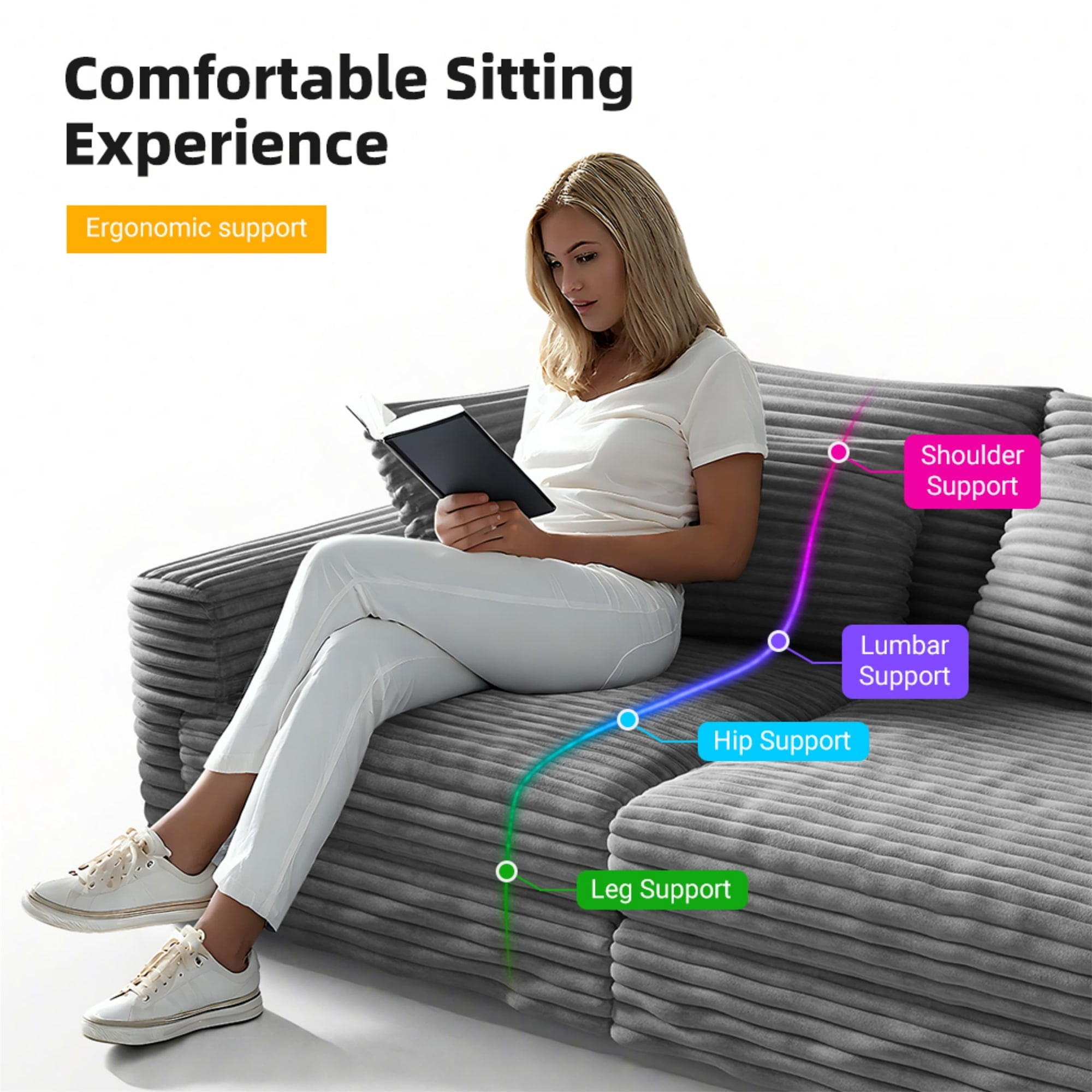 Alvantor 3-Seat Sofa 83 " W Corduroy Upholstered Deep Seat Couches Convertible Chaise for Living Room, Apartment Grey