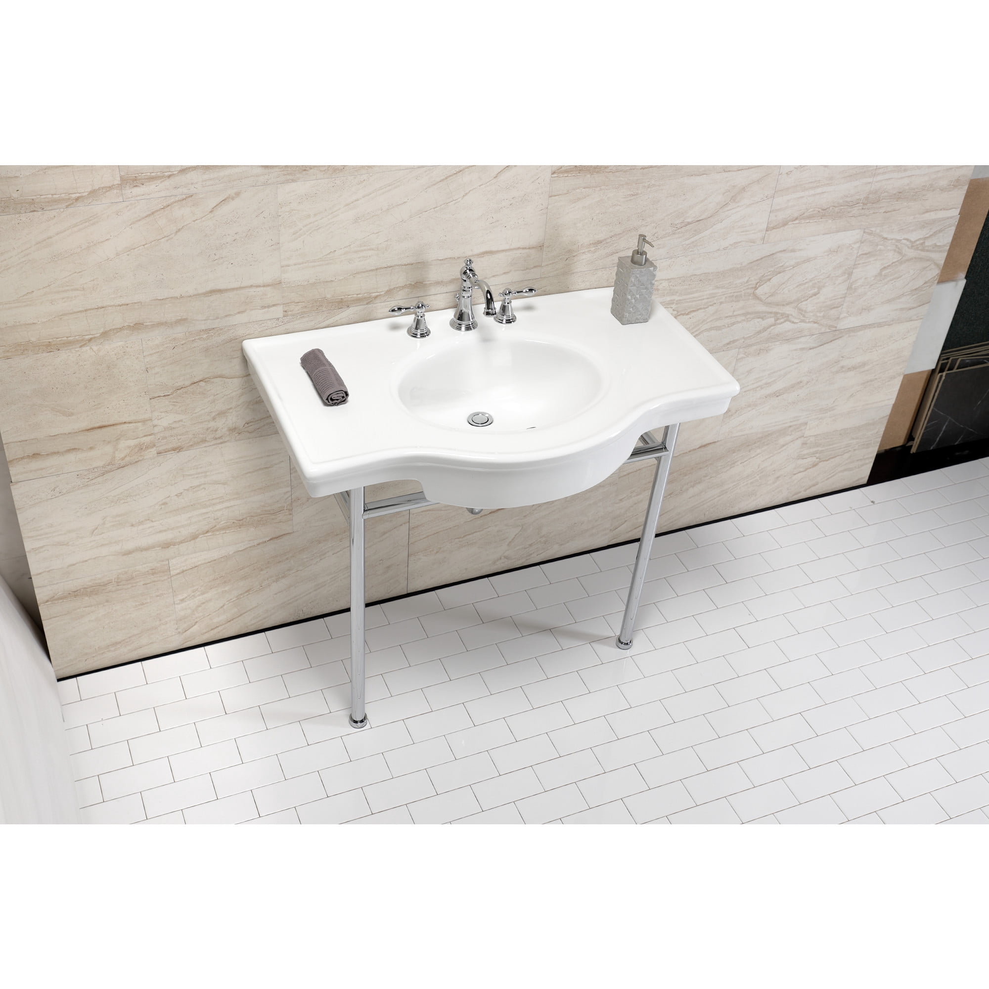 Kingston Brass VPB28140W8CP Manchester 37" Ceramic Console Sink with Stainless Steel Legs (8-Inch, 3-Hole), White/Polished Chrome