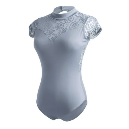 Summer Dance Bodysuit Women Ballet Skinny Cutout Back Thong Bottom Body Suits Lace High Neck One Piece Gymnastics Outfits  Gray  L