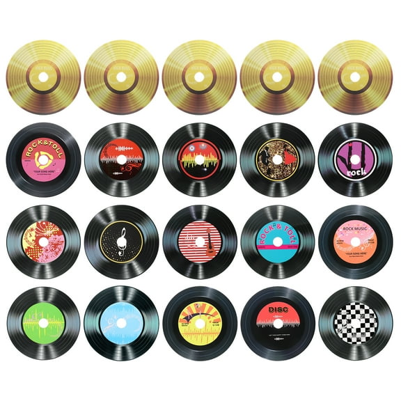 Uxcell 20 Pack Vinyl Records Decor, 5.5 Inch Blank Vinyl Records 16 Designs Fake CD Album Cover for Rock and Roll Party Dining Home Decorations, (Black and Gold, Style 2)
