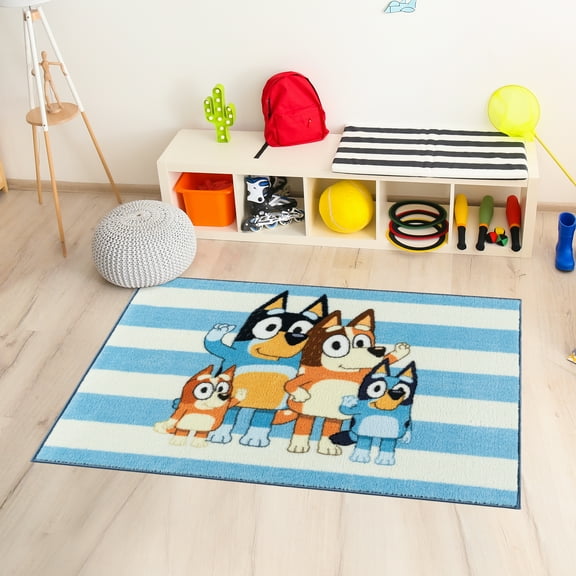 BBC Bluey Family Stripe Blue White Multi Polyester Easy-Care Printed Youth Indoor Area Rug, 32x46