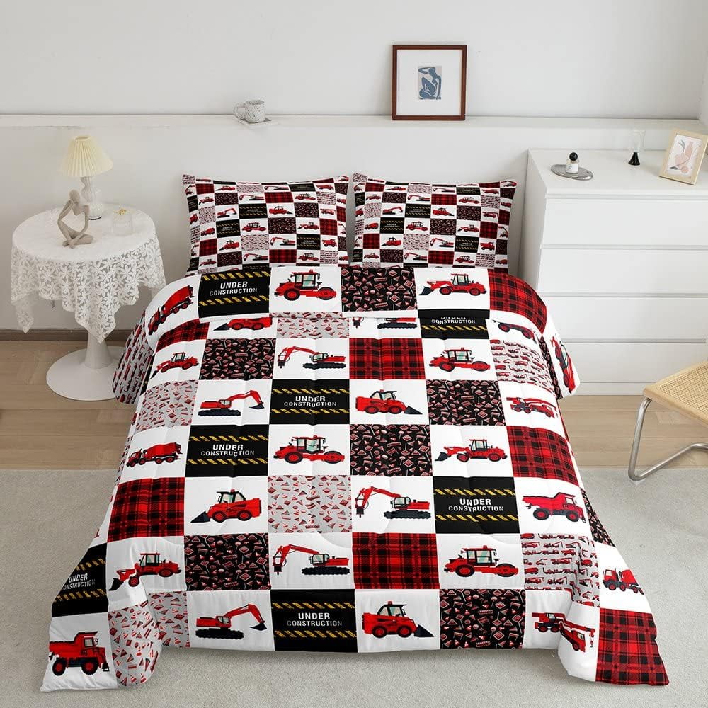 YST Kids Excavator Comforter Set Twin Size Tractor Bedding Set Boys Teens Geometry Grids