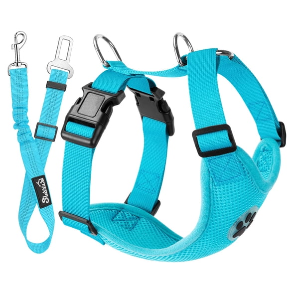 SlowTon Harnais de Sécurité pour Chien, Harnais de Gilet Réglable avec Maille Respirante & Ceinture de Sécurité pour Véhicule avec Élastique pour Petits Moyens Grands Chiens (Bleu Tiffany, m)