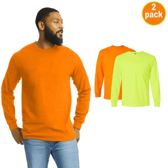 Gildan Ultra Cotton Men's ANSI Compliant Pocket Long Sleeve T-Shirt, Work Shirt, Pack 2, S