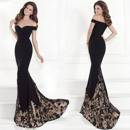 Printed Strapless Gown - Long Formal Dresses For Women Sexy Strapless Off Shoulder Elegance Slim Lace Wedding Dresses Black Evening Party Dress