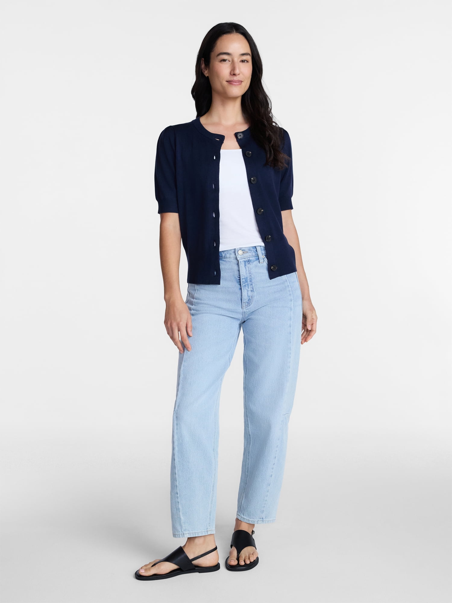Time and Tru Women's Crewneck Cardigan with Short Sleeves, Lightweight, Sizes XS-XXXL