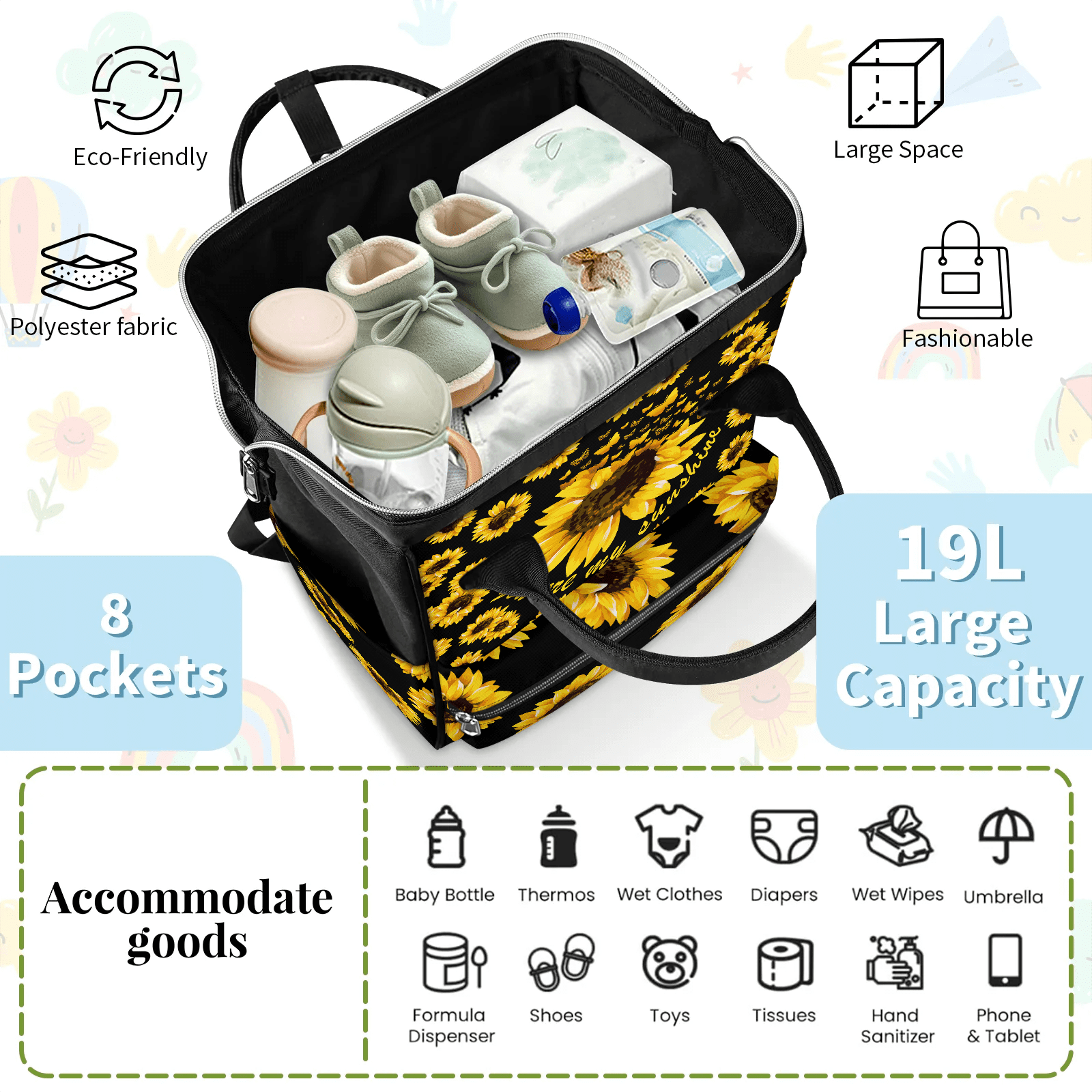Sunflower Floral Mommy Backpack,Large Capacity Diaper Bag with Multi-Pockets,Water-Resistant Adjustable Straps Diaper Bag for Moms,Women,Travel 11x7x15.7 Inch