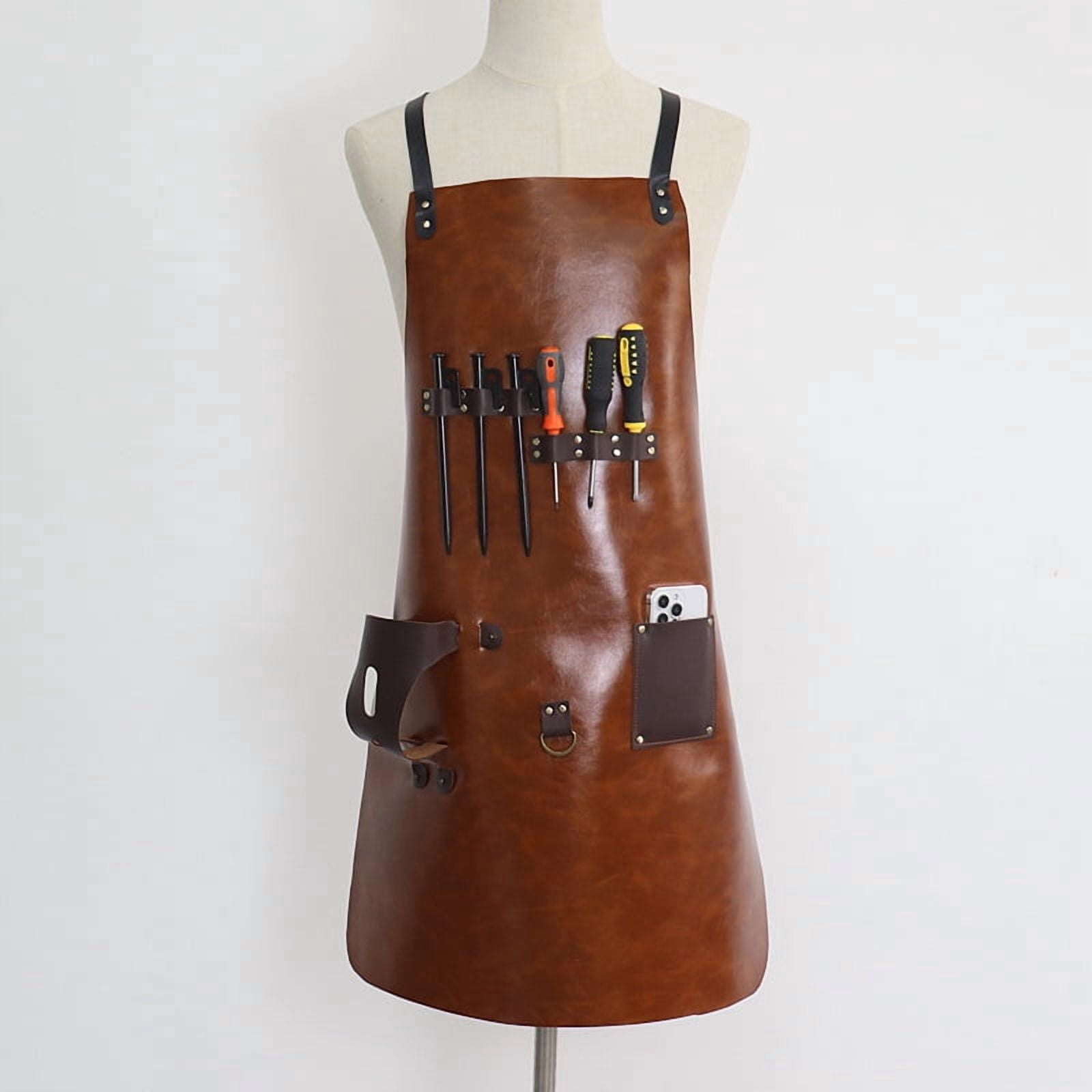 Leather Apron for Men & Women - Premium BBQ, Butcher, Chef Apron with Adjustable Straps & Pockets-(Pu Leather Brown)