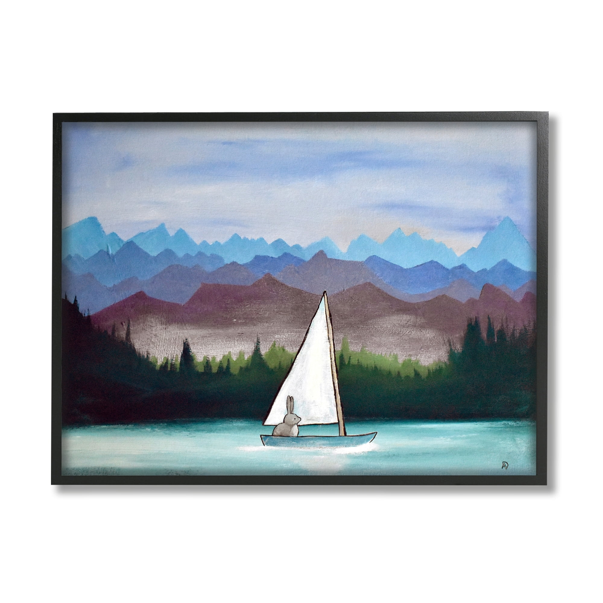 Stupell Industries Bunny Rabbit on Sailboat Vivid Distant Mountain Peaks Painting Gray Framed Art Print Wall Art, Design by Andrea Doss
