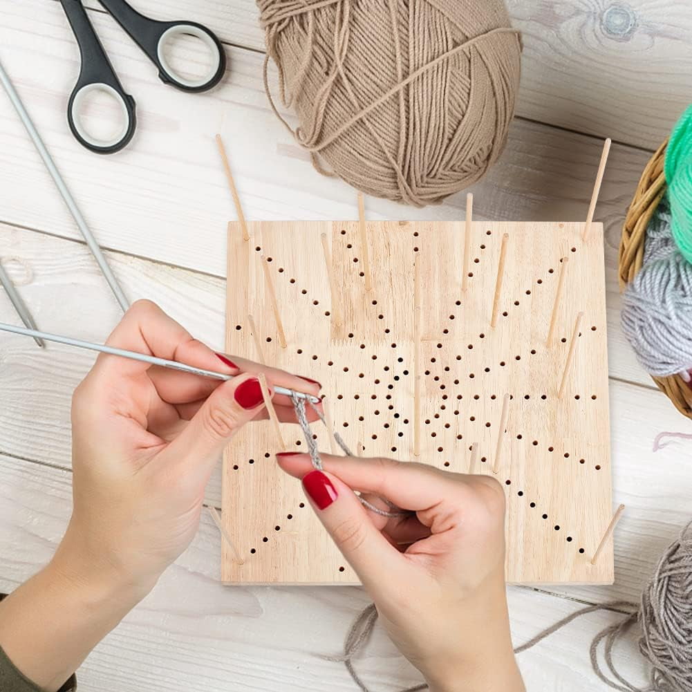 Handmade Wooden Blocking Board (11.8x11.8x0.47inch) with 20pcs 5.9x0.16inch Round Wooden Sticks and Sun Shaped Hole Square Knitting Loom for Knitting Crochet Beige